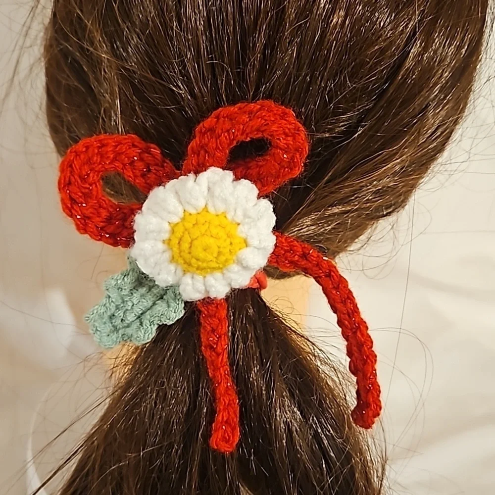 Hand Crafted Hand Knit Crochet Red Bow Barrete Hair Clip white and yellow flower